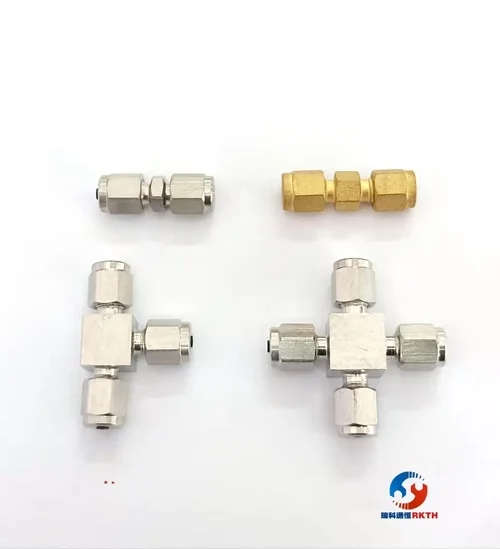 Two-way, three-way, and bulkhead fittings with nuts